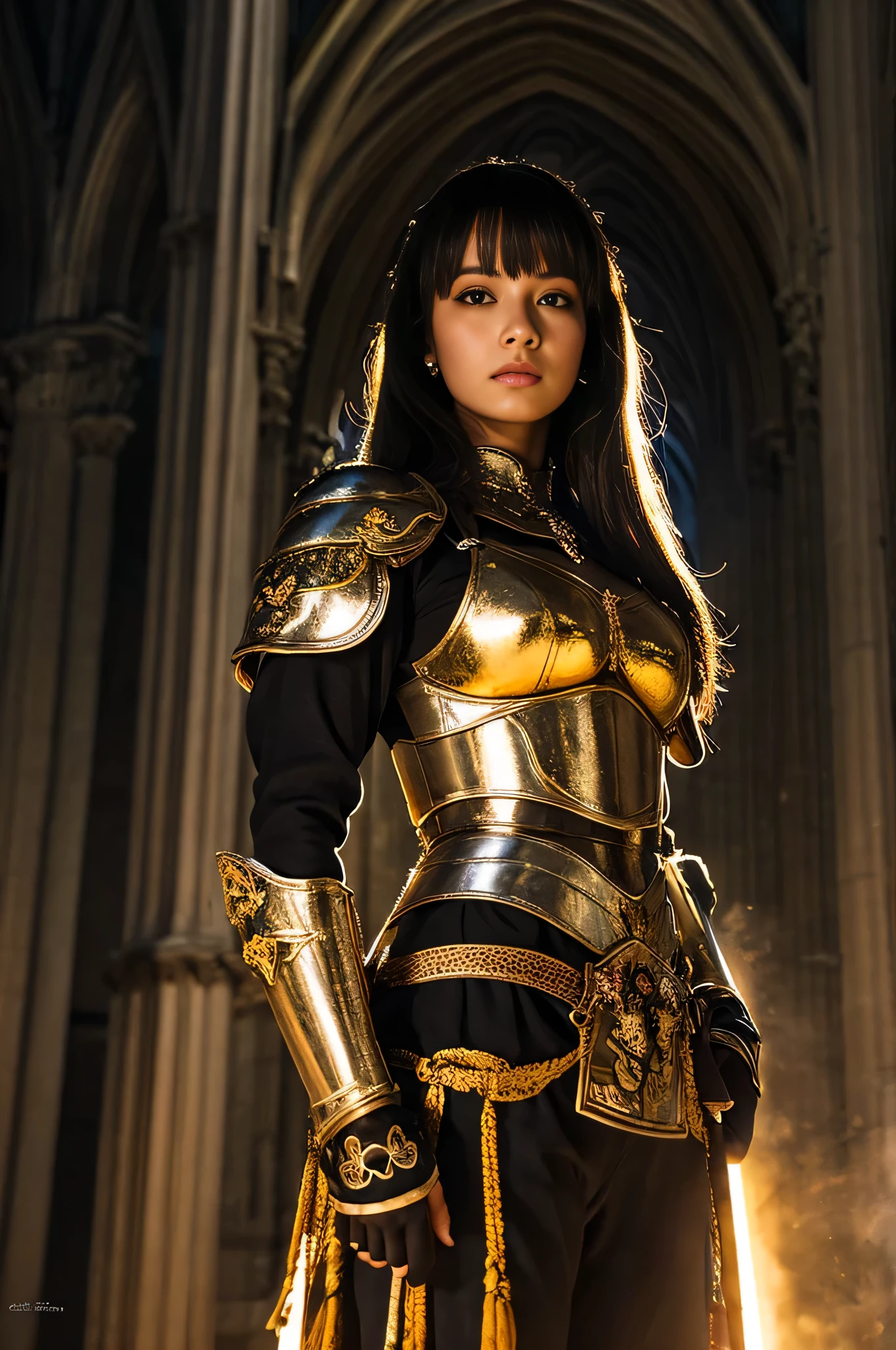 best quality, masterpiece, HDR photorealistic image, extremely detailed, great lighting, BREAK, Female brazilian knight in full armor, hkstyle, white with gold embellishments, bangs, earrings, holding a legendary sword by the hilt, the sword glowing rainbow, in a gothic cathedral, shafts of light from the windows, High Definition HD, High Detail, Perfect Composition, dark fantasy movie, cowboy shot