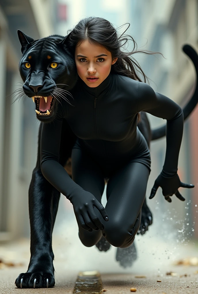 A high school girl races against a black panther、Sprinting、Black Hair、Shortcuts、Black bodysuit、Japanese、Sprinting、Real、Bold composition、とてもRealな描写、photograph、Beautiful girl、

