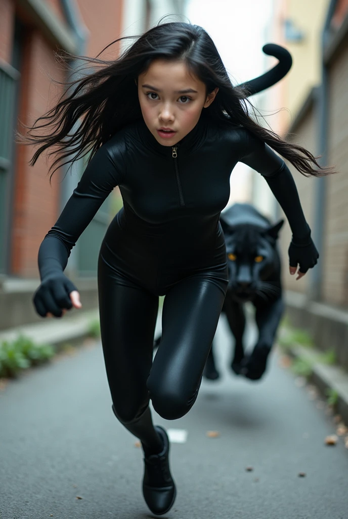 A high school girl races against a black panther、Sprinting、Black Hair、Shortcuts、Black bodysuit、Japanese、Sprinting、Real、Bold composition、とてもRealな描写、photograph、Beautiful girl、
