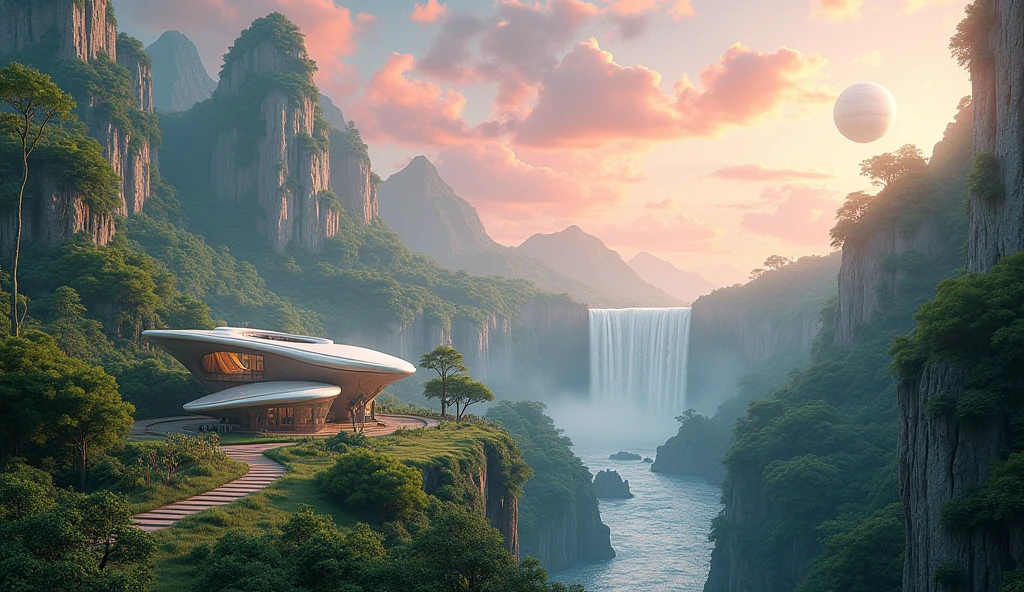 Futuristic spaceship soars through the sky. Isometric perspective view. Immerse yourself in a paradise world, enlightened and rich, where the purity of the air and the cleanliness of the environment create an atmosphere of unparalleled serenity. A large nearby planet adorns the crystal-clear sky, complementing the natural beauty of the landscape. Majestic waterfalls flow constantly, serving as the heart of this paradise. The inhabitants of this world, beings similar to humans but more beautiful, tall and elegant in their walk, They live in perfect harmony with nature. Their R Style homes. h. Giger, They are mega futuristic, They are perfectly integrated into the natural environment, merging with the flora and fauna that surrounds them. the sun shines brightly, making the waters sparkle with an almost magical glow. The temperature is ideal, further beautifying the air, while the inhabitants of this place enjoy an eternal and happy existence. The film presents an intricate and harmonious landscape, Captured in a hyper-realistic high-resolution image at 8K. every detail, from artifacts to natural elements, It is highly defined and focused, revealing the perfection of this alien paradise. The cinematography uses a superior wide-angle lens with the maximum possible aperture., allowing every aspect of the scene to be captured with stunning clarity and depth. The lighting is carefully designed in a professional film studio, ensuring that every corner of the stage shines with an ethereal light that enhances the beauty and peace of this world.. "Eternal Harmony" It is a visual journey to an alien paradise, a place where the perfection of nature. It is the sunset that dyes the landscape pink and orange and in harmony with the environment, A reminder of what can be achieved when technology and nature coexist in perfect unity..