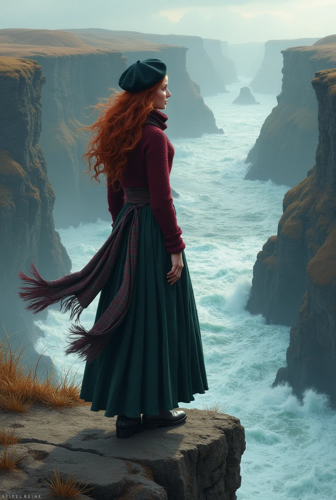 A woman with wavy red hair, with a scarf and beret and a burgundy sweater and a long Scottish skirt at the back, Walking along the edge of an abyss, contemplating the view of the ocean, in winter 