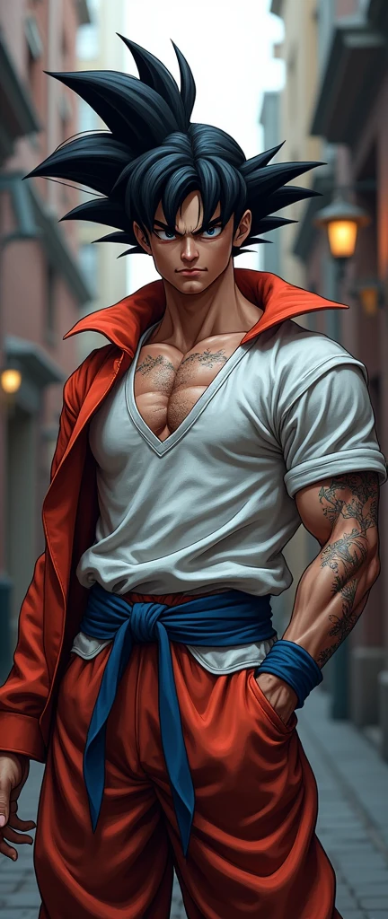 (Realistic,fotorrealista:1.37), design de t-shirt, fundo branco ultra-detalhado,Detailed illustration of Goku as a vampire(circunstanciado,emocional,Expressivo,feature),com roupas estilo streetwear(fashionable,Urbano,casual),Standing in a narrow alley(sombrio,corajoso,Urbano),criado com sombreamento e texturas detalhadas(linhas detalhadas,textured surfaces),cores vivas com uma mistura de tons vibrantes de arte de rua(grafity,Arte Pop,arte Urbanoa),exalando uma aura de poder(poderoso,Energetic,Dynamic presence). The lighting in the scene should be dramatic and focused, com fortes contrastes entre luz e sombra (dramatic lighting,High contrast lighting). Overall image quality should be of the highest standard (best quality,4k,8k,Altas,master part:1.2), capturando cada detalhe intrincado do rosto de Goku, penteado, garments, and muscular physique(tags adicionais para Goku: cabelo espetado, muscular build, confident expression, Olhos determinados). A atmosfera do beco deve refletir um ambiente Urbanoo e arenoso, with hints of a city skyline in the background.