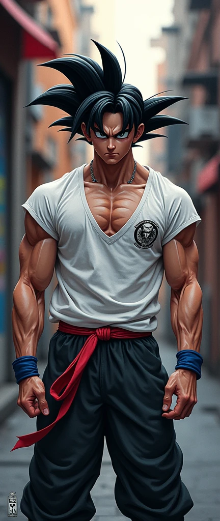 (Realistic,fotorrealista:1.37), design de t-shirt, fundo branco ultra-detalhado,Detailed illustration of Goku as a vampire(circunstanciado,emocional,Expressivo,feature),com roupas estilo streetwear(fashionable,Urbano,casual),Standing in a narrow alley(sombrio,corajoso,Urbano),criado com sombreamento e texturas detalhadas(linhas detalhadas,textured surfaces),cores vivas com uma mistura de tons vibrantes de arte de rua(grafity,Arte Pop,arte Urbanoa),exalando uma aura de poder(poderoso,Energetic,Dynamic presence). The lighting in the scene should be dramatic and focused, com fortes contrastes entre luz e sombra (dramatic lighting,High contrast lighting). Overall image quality should be of the highest standard (best quality,4k,8k,Altas,master part:1.2), capturando cada detalhe intrincado do rosto de Goku, penteado, garments, and muscular physique(tags adicionais para Goku: cabelo espetado, muscular build, confident expression, Olhos determinados). A atmosfera do beco deve refletir um ambiente Urbanoo e arenoso, with hints of a city skyline in the background.