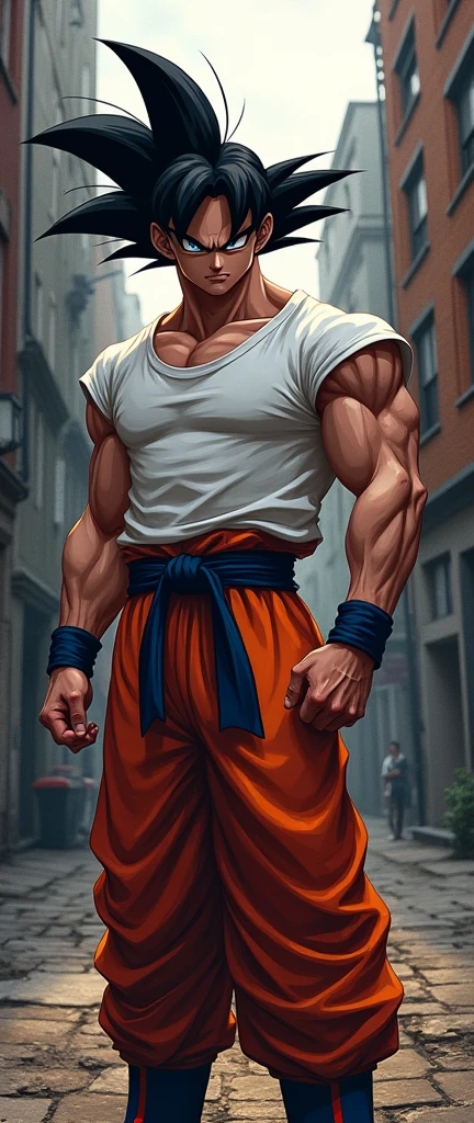 (Realistic,fotorrealista:1.37), design de t-shirt, fundo branco ultra-detalhado,Detailed illustration of Goku as a vampire(circunstanciado,emocional,Expressivo,feature),com roupas estilo streetwear(fashionable,Urbano,casual),Standing in a narrow alley(sombrio,corajoso,Urbano),criado com sombreamento e texturas detalhadas(linhas detalhadas,textured surfaces),cores vivas com uma mistura de tons vibrantes de arte de rua(grafity,Arte Pop,arte Urbanoa),exalando uma aura de poder(poderoso,Energetic,Dynamic presence). The lighting in the scene should be dramatic and focused, com fortes contrastes entre luz e sombra (dramatic lighting,High contrast lighting). Overall image quality should be of the highest standard (best quality,4k,8k,Altas,master part:1.2), capturando cada detalhe intrincado do rosto de Goku, penteado, garments, and muscular physique(tags adicionais para Goku: cabelo espetado, muscular build, confident expression, Olhos determinados). A atmosfera do beco deve refletir um ambiente Urbanoo e arenoso, with hints of a city skyline in the background.