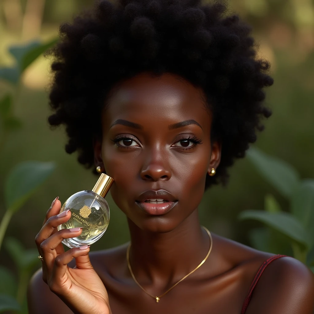 a beautiful ebony-skinned woman, holding a perfume bottle, soft natural lighting, simple blurred background, natural hair and subtle makeup, delicate perfume bottle design, vivid colors, lifelike details, realistic and unpolished, elegant and authentic, (best quality,4k,8k,highres,masterpiece:1.2),ultra-detailed,(realistic,photorealistic,photo-realistic:1.37),portrait,natural setting,warm atmosphere,bokeh background
