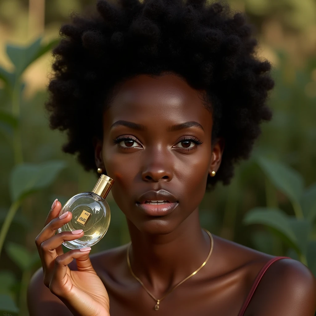 a beautiful ebony-skinned woman, holding a perfume bottle, soft natural lighting, simple blurred background, natural hair and subtle makeup, delicate perfume bottle design, vivid colors, lifelike details, realistic and unpolished, elegant and authentic, (best quality,4k,8k,highres,masterpiece:1.2),ultra-detailed,(realistic,photorealistic,photo-realistic:1.37),portrait,natural setting,warm atmosphere,bokeh background