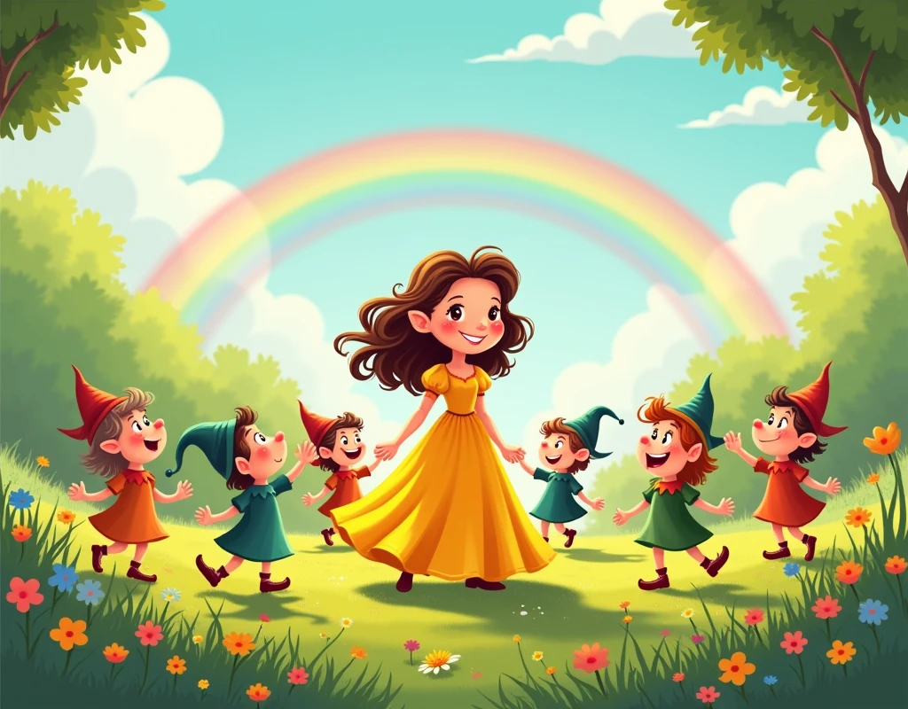 Illustration of a meadow with flowers and cheerful little elves dancing around a little princess girl dressed in yellow with brown hair and curlers, Behind you can see a big rainbow