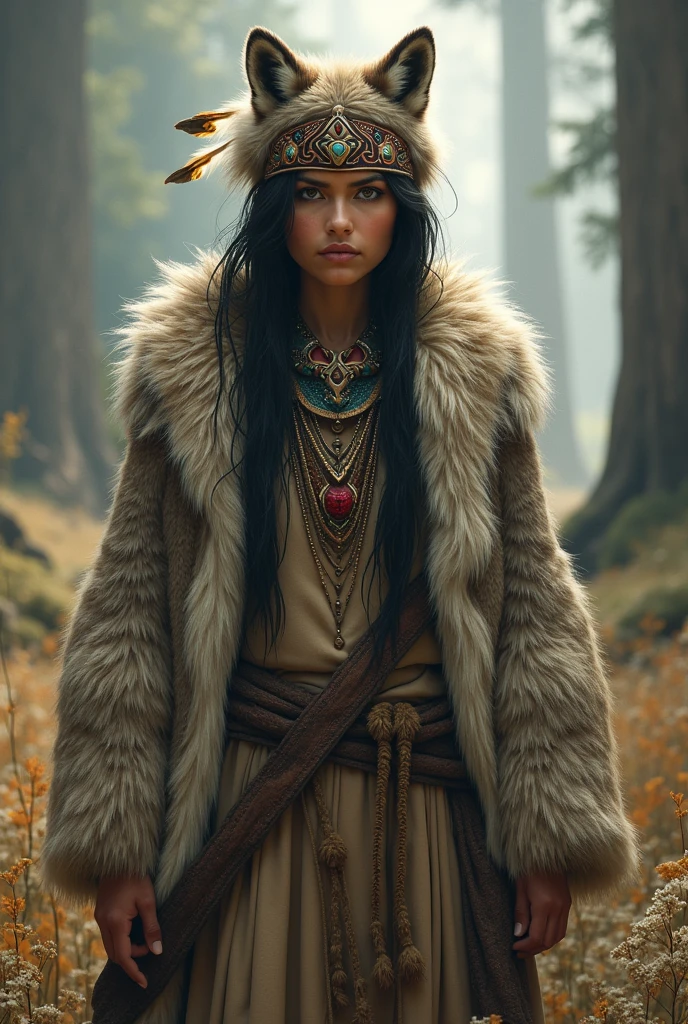 A young Indian woman with a wolf&#39;s skin and a chief&#39;s hat 