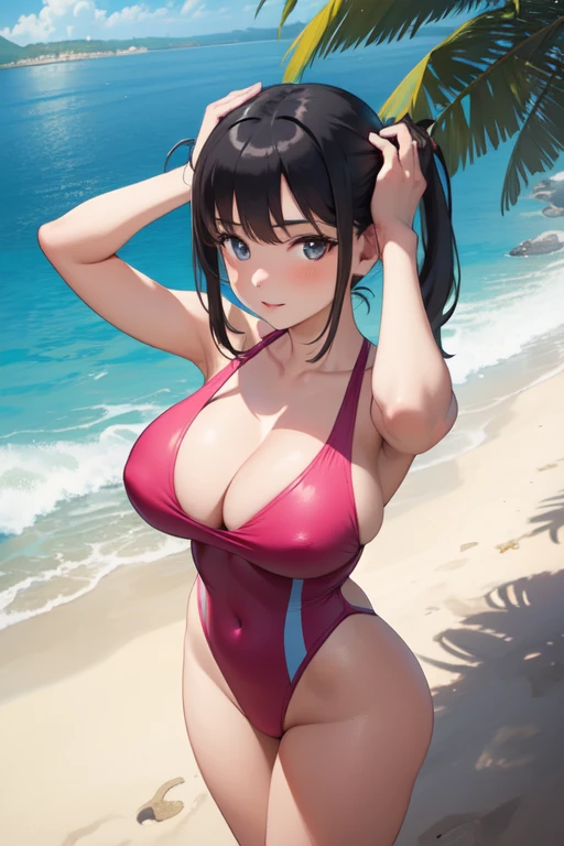 ((Best Quality)), ((masterpiece)), (detailed), 1 girl, with a pink swimsuit, big breasts,((with his hands on his head)), hair with pigtails, beach landscape, with palm trees, and tropical trees, ((view from above)),((looking at the viewer))