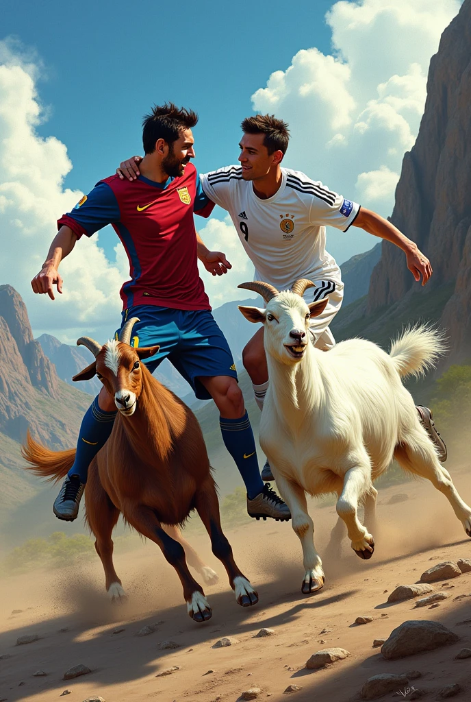 messi and Ronaldo fighting to ride goats
