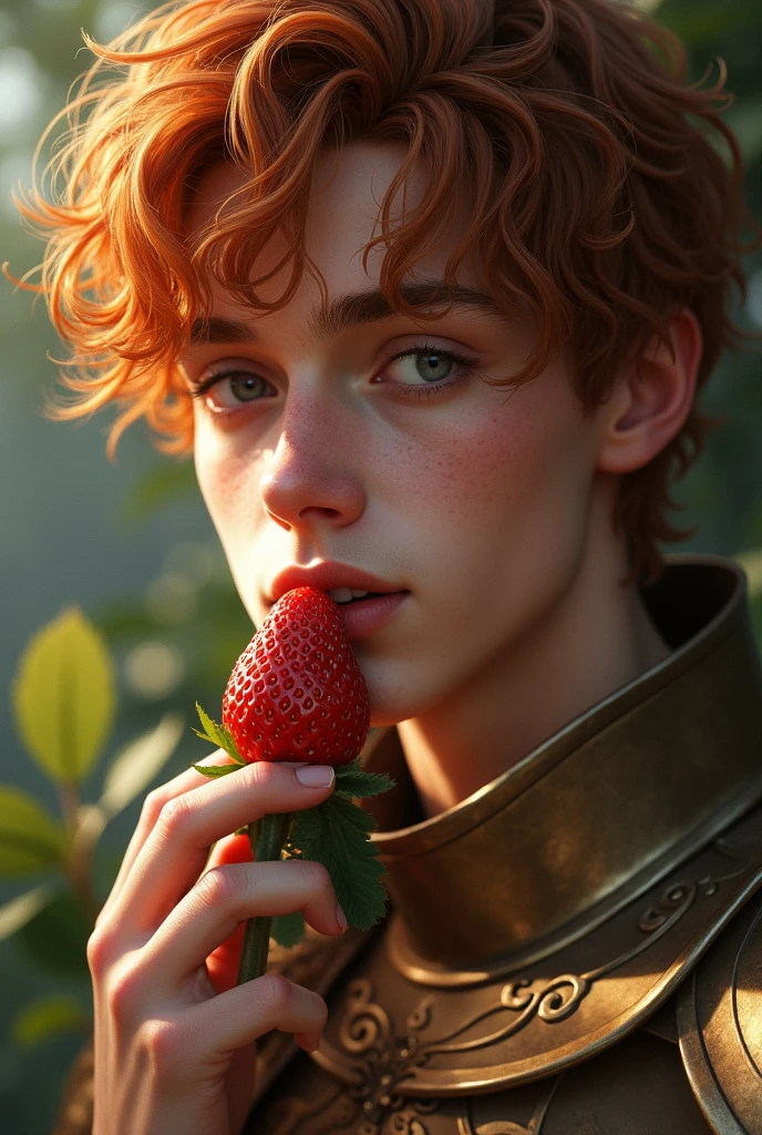 young man of nineteen years. male. deep orange and wavy hair. big gray eyes. oval face. defined eyebrows, straight nose, thick lips. he wears bronze armor. he is eating delicious strawberries. Beauty angelical face. He looks away.