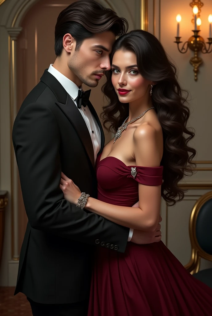 Black-haired man with green eyes in a suit holding a brunette woman with brown eyes in a wine-red dress with a wolf-shaped necklace by the waist. 