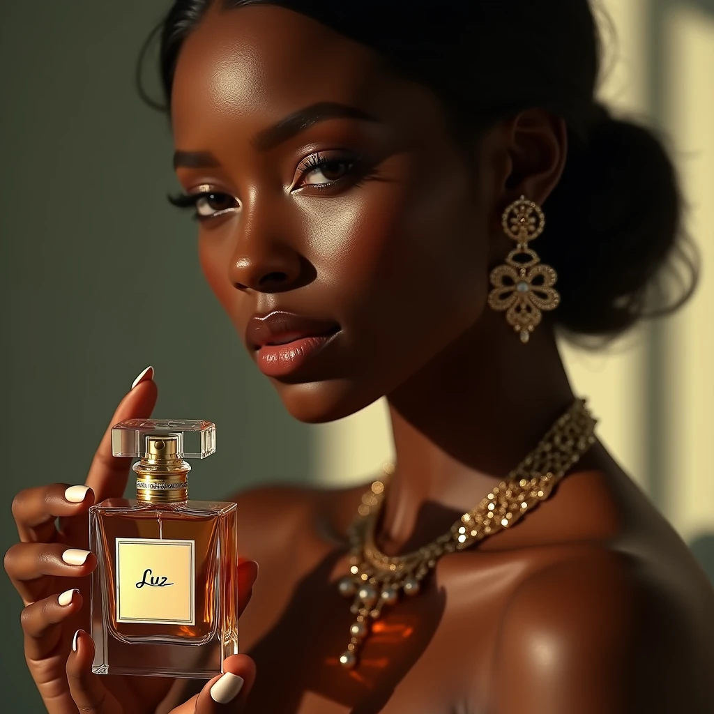 beautiful ebony-skinned woman holding perfume bottle "Luz",elegant pose,soft natural lighting,glowing warm skin,minimalistic makeup,delicate jewelry,sophisticated perfume bottle design,serene blurred background,vivid colors,lifelike details,photorealistic,high quality,cinematic lighting,chiaroscuro