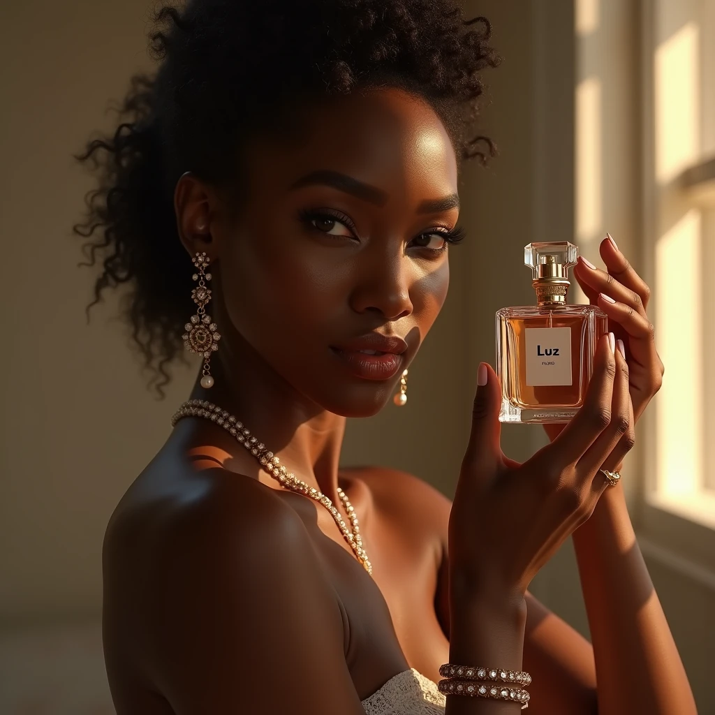 beautiful ebony-skinned woman holding perfume bottle "Luz",elegant pose,soft natural lighting,glowing warm skin,minimalistic makeup,delicate jewelry,sophisticated perfume bottle design,serene blurred background,vivid colors,lifelike details,photorealistic,high quality,cinematic lighting,chiaroscuro