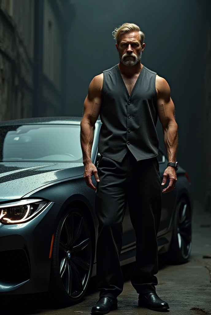 a muscular nietzsche philosopher sitting next to a bmw car, nietzsche mobster next to a bmw,detailed portrait of nietzsche,chiaroscuro lighting,cinematic composition,dramatic shadows,rich colors,dramatic lighting,hyper realistic,award winning photography,8k,4k,photorealistic,highly detailed,masterpiece