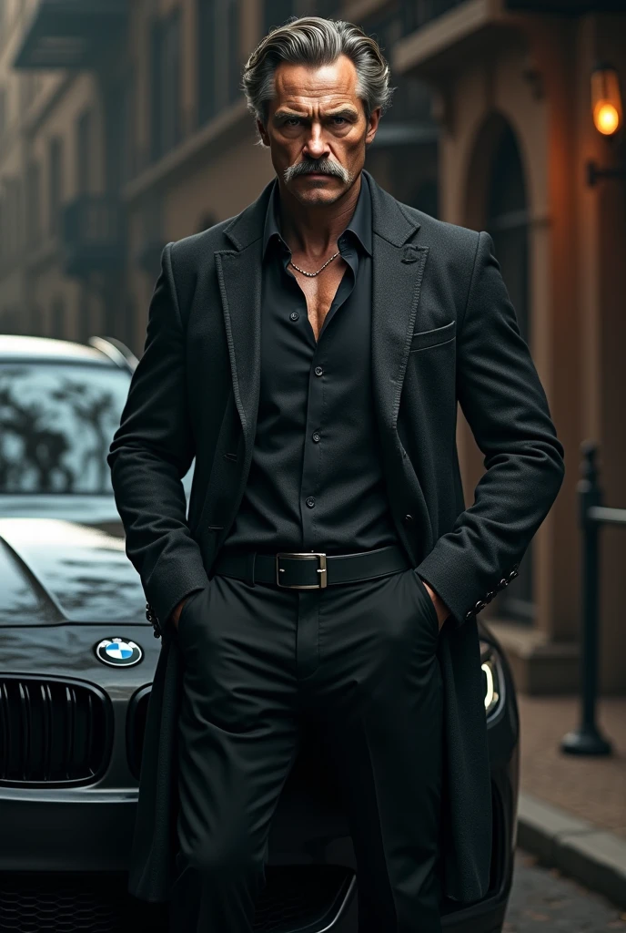 a muscular nietzsche philosopher sitting next to a bmw car, nietzsche mobster next to a bmw,detailed portrait of nietzsche,chiaroscuro lighting,cinematic composition,dramatic shadows,rich colors,dramatic lighting,hyper realistic,award winning photography,8k,4k,photorealistic,highly detailed,masterpiece