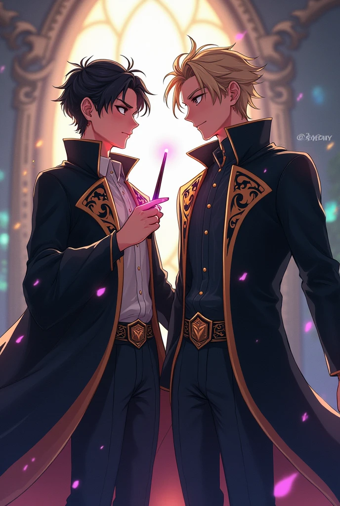 A cute young man character in a fantasy era, a magical world, attractive colors, a sweet-faced young man holding a magic wand in his hand, magic, cool robes, a young man, a magic wand in the Harry Potter series, a black and gold robe that looks intimidating, two young men, one with a sweet face, the other with a sharp and fierce face.