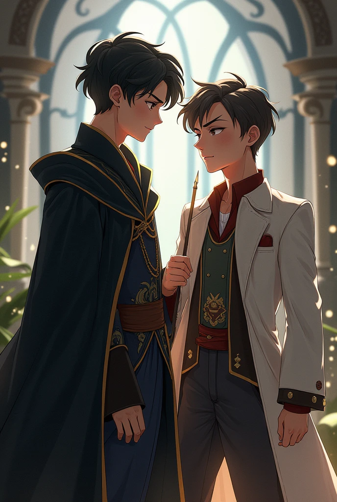 A cute young man character in a fantasy era, a magical world, attractive colors, a sweet-faced young man holding a magic wand in his hand, magic, cool robes, a young man, a magic wand in the Harry Potter series, a black and gold robe that looks intimidating, two young men, one with a sweet face, the other with a sharp and fierce face.