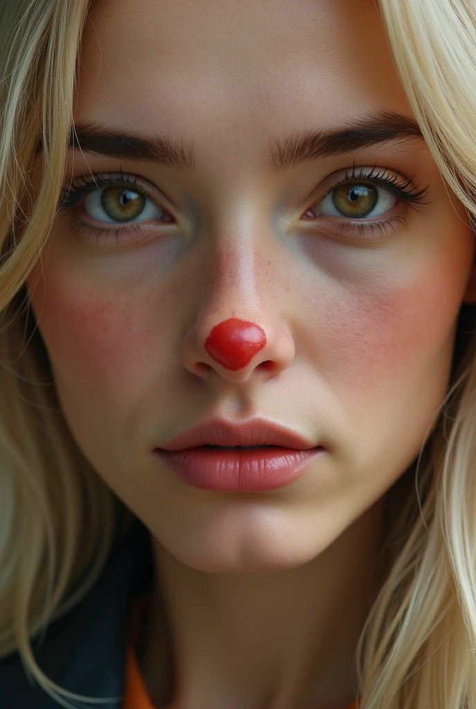 Image of a 30-year-old woman&#39;s face, blonde, flat hair, brown eyes and a red spot on the nose and accentuated cheekbone