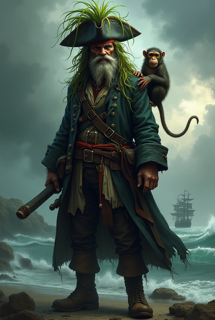 Pirate with marijuana bush hair with a back in his hand and looking evil, with Pirates of the Caribbean clothes and a monkey on his shoulder