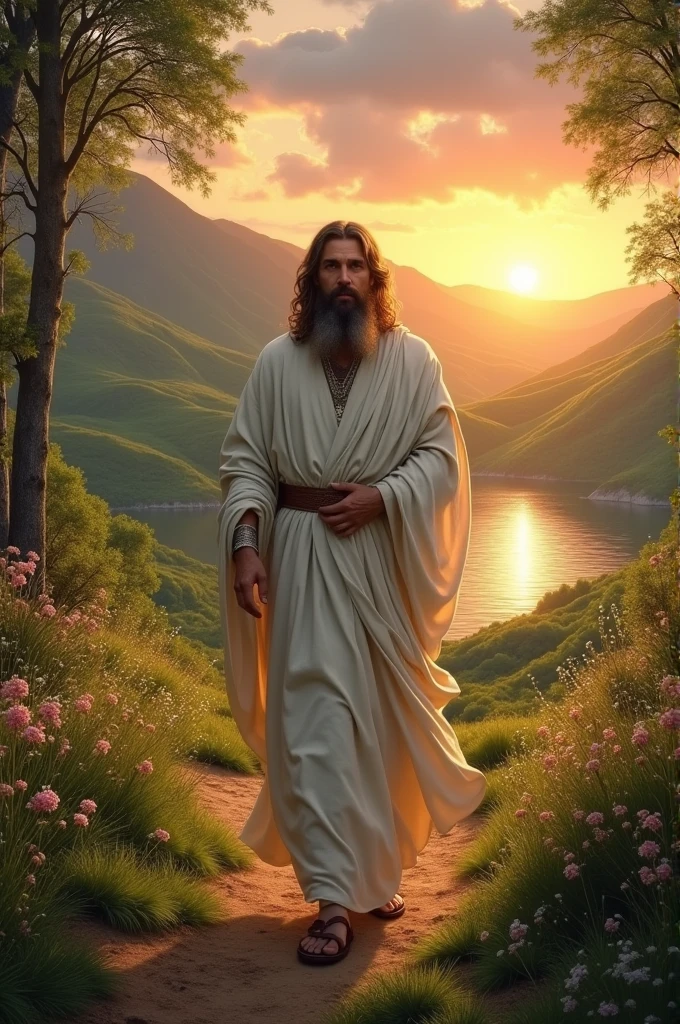 King Solomon walking in a landscape, with white clothes and a sunset in the background