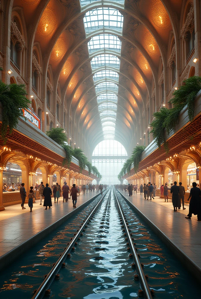 Imagine a  Futuristic  Railway Station  with all facilities and With Indian Architecture Exterior more Lights with lounge areas and food shops