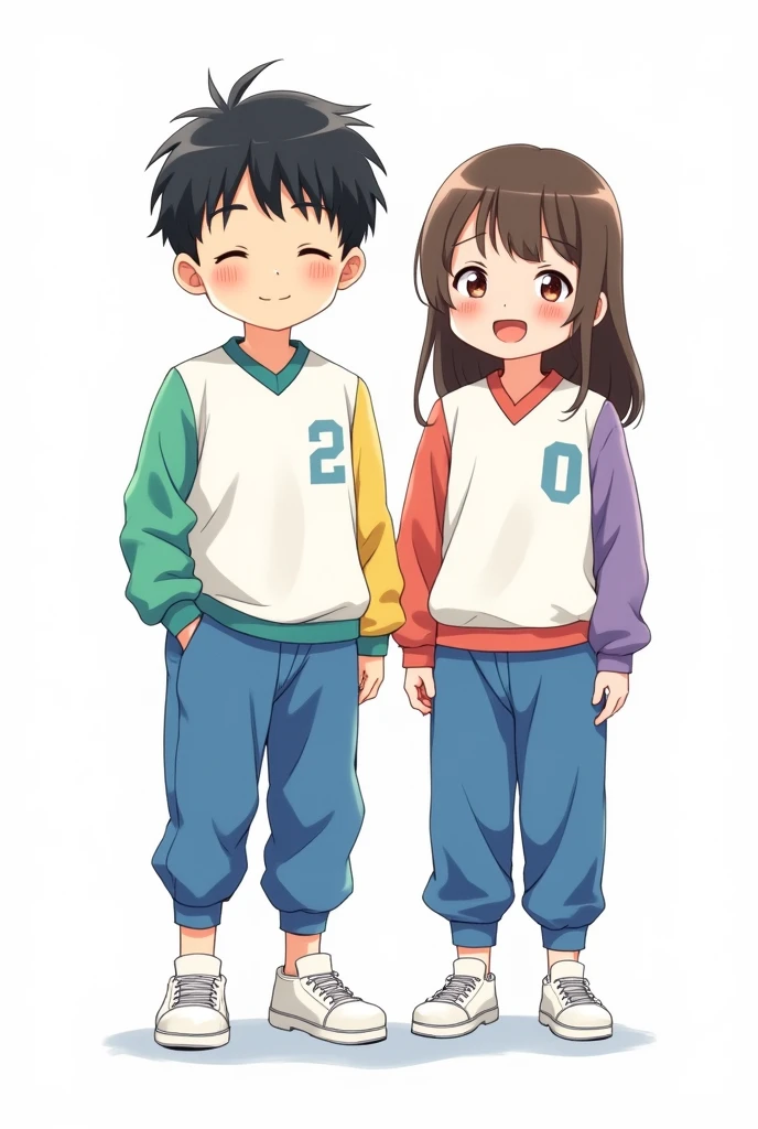 Boy and girl aged facing front on white background wearing sports school uniform with blue ankle-length sweatshirt pants, green, yellow, purple and red in watercolor with soft transitions between them, while, The shirt is white with a v-neck , white tennis shoes, all in an anime cartoon style