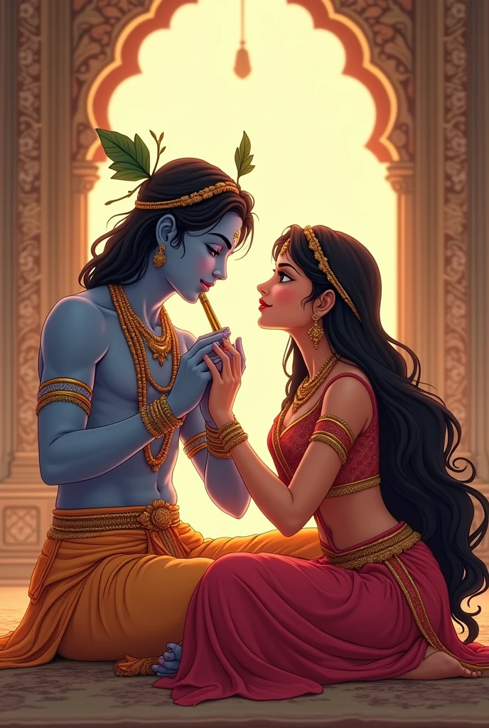 Lord Krishna and Radha photo looking sanskari and beautiful. They were sitting and Krishna Baja ra h flute. And Radha hair is long and Radha look attractive create a anime of that .they were sitting in palace