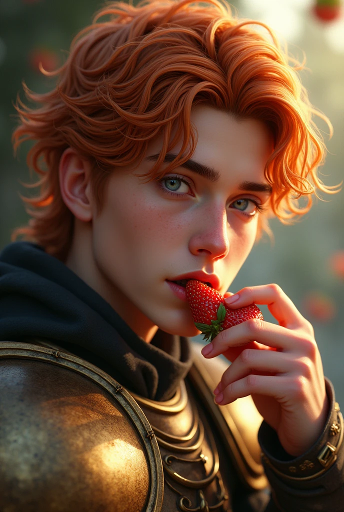 young man of nineteen years. male. deep orange and wavy hair. big gray eyes. oval face. defined eyebrows, straight nose, thick lips. he wears bronze armor. he is eating delicious strawberries. Beauty angelical face. He looks away.