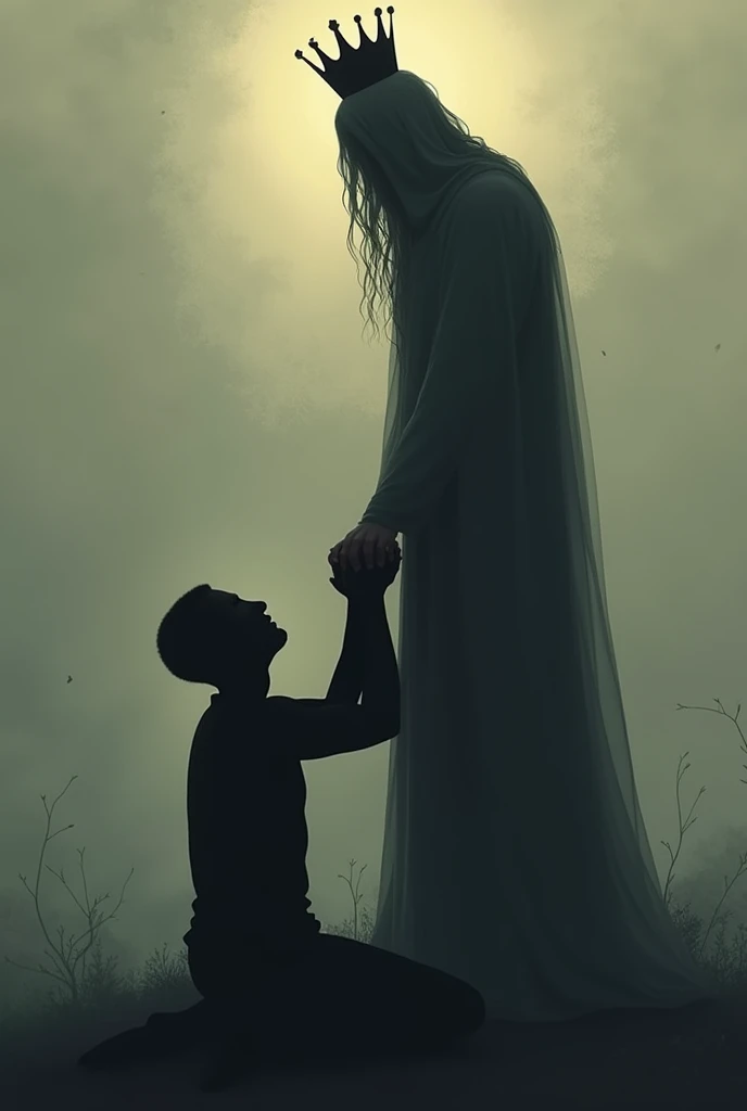 Silhouette holding the hands of a fallen man, with crown on the head 
