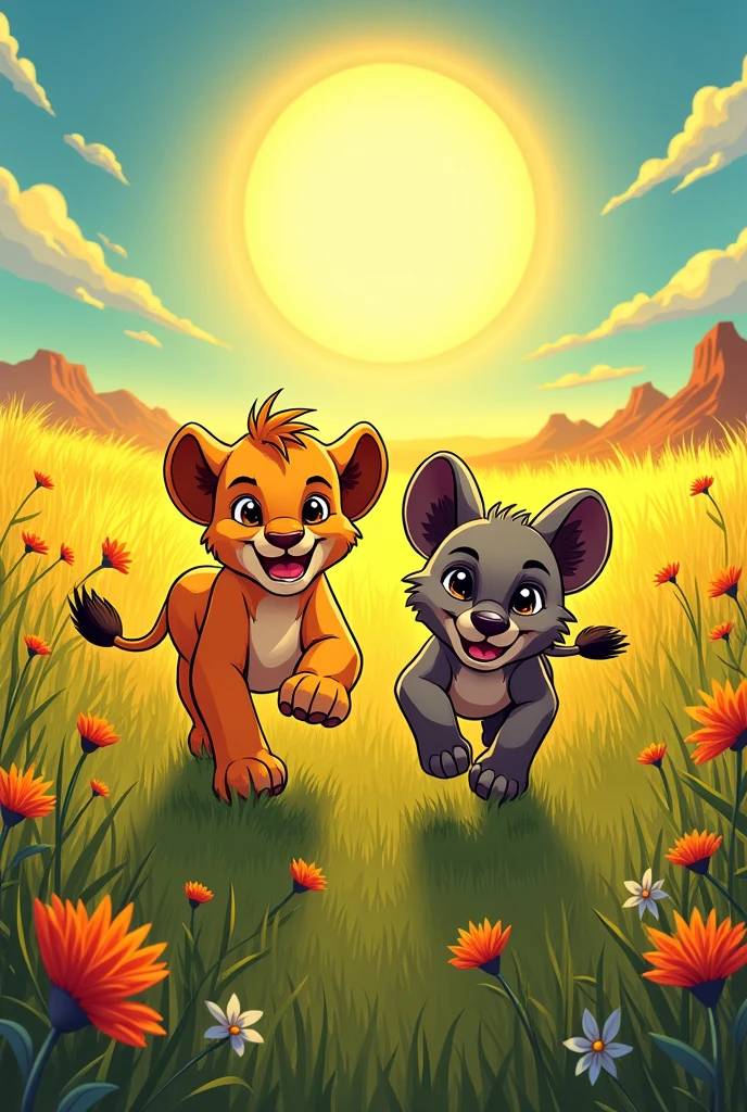 A lion cub and a hyena cub happily running around in the savannah, with the sun shining in the background and the tall grass all around. The scene should convey innocence and friendship, It must also contain vibrant and very eye-catching colors., comic book style.
