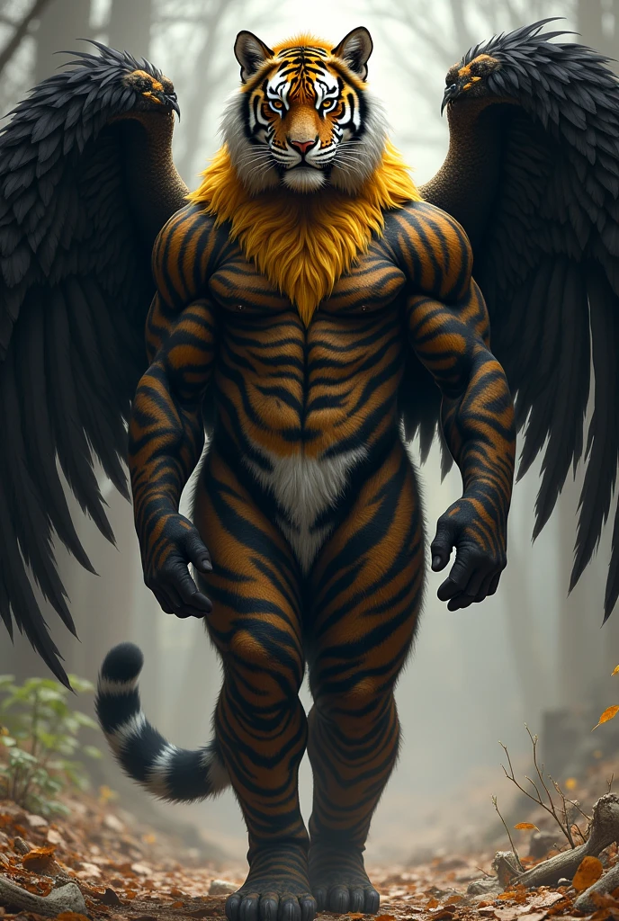 an anthropomorphic female, hermaphrodite tiger, with black fur and golden tiger stripes on her body, her jawline having white tuft fur, standing at a height of 8 feet and 9 inches tall, and weighs 512 pounds. Her body is firm and voluptuous, with her head and neck sporting a mane with gold colored fur. She has black feathered wings on her back, tipped with the color gold. Her eyes have black scleras and brilliant amber irises.
