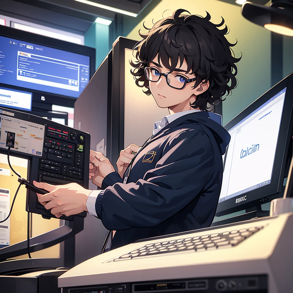 A young man with medium curly hair and round glasses playing on a pc with rgb