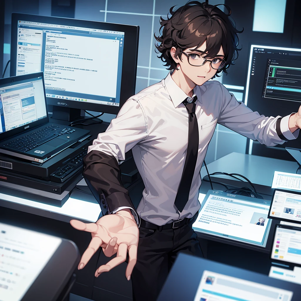 A young man with medium curly hair and round glasses playing on a pc with rgb