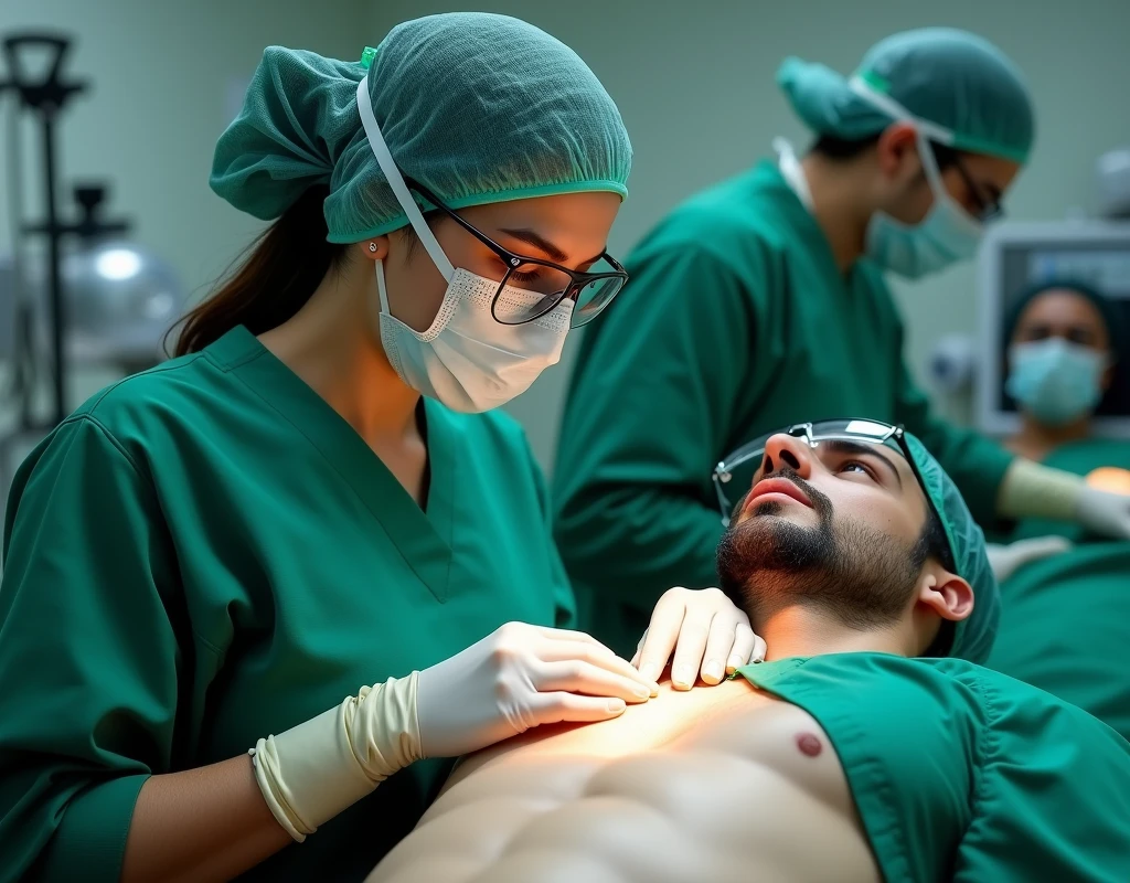 Aishwarya Rai as surgeon, wearing green scrubs, wearing skull cap, wearing surgical glasses, squeezing male patient in her chest, in operation theatre, fullbody view, topdown view,