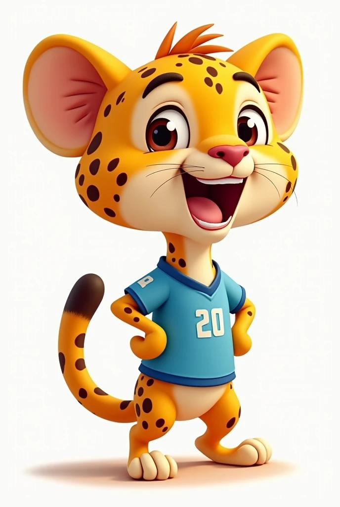 Animated orange cheetah with spots, smiling and wearing a light blue football shirt