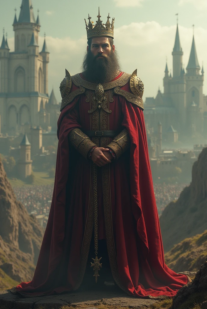 I would like an image in a medieval kingdom with a king above all, but his face has to be blurred as if envy had made him lose himself and no longer know who he is.
