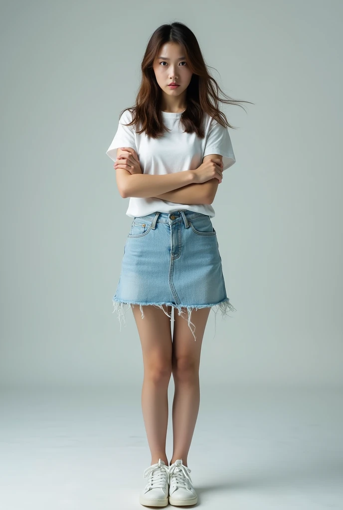 A beautiful lady, asian, Japanese,
Medium height, feeling angry,
arms crossed at chest,
Brown long hair,
Straight Standing in a front of a light grey studio background,
Wearing a white short tee,
Wearing a light blue denim long straight skirt ankle length two sides slit and edge damaged and untrimmed,
Wearing white sport shoes,
High resolution, HD Photo,
photographs, photo, real style, 600dpi