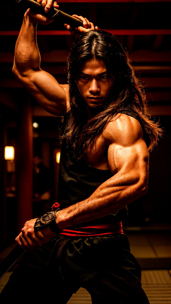 Young Samurai, please stretch your arms, Hold a sword in each hand, Realist:1.3,( fPhoto, Realist, 8k, RAW Photos, Premium Quality, masterpiece, Great lighting, Centered Images), (Dynamic Movement, Dynamic Fighting,), (2 Knives), Fight with two swords, whole body, (Disheveled brown long hair), (Handsome Japanese young man, 1, Be confident、Trained muscles., Wildman and his body in perfect detail), View your viewers, cyber punk, Warrior, Tokyo, Shibuya Ward,