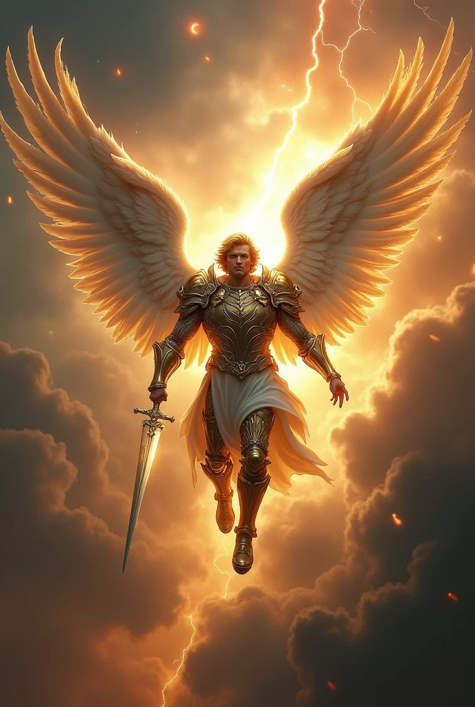 "Create a dramatic image of Saint Michael the Archangel descending from an apocalyptic sky.

Foreground:

Saint Michael: Depict him as a powerful and imposing celestial warrior. He should be shown in mid-descent, with a strong and determined expression. He should be clad in ornate, shining armor that reflects divine light. His wings should be expansive and majestic, with a glowing or radiant effect to emphasize his celestial nature. He should wield a gleaming sword or spear, symbolizing his role as a defender against evil.
Background:

Apocalyptic Sky: Illustrate a tumultuous and dramatic sky, filled with dark, swirling clouds, flashes of lightning, and a fiery glow. This chaotic and menacing backdrop should contrast with the radiant presence of Saint Michael, highlighting his role as a beacon of hope and justice.
Overall Mood:

Use intense and vibrant colors to capture the apocalyptic atmosphere and the contrast between the darkness of the sky and the divine light surrounding Saint Michael. The scene should evoke a sense of awe and anticipation, reflecting the powerful and decisive nature of his descent.
This image should vividly convey the grandeur and authority of Saint Michael the Archangel as he descends from the apocalyptic heavens, prepared to confront and vanquish the forces of evil."