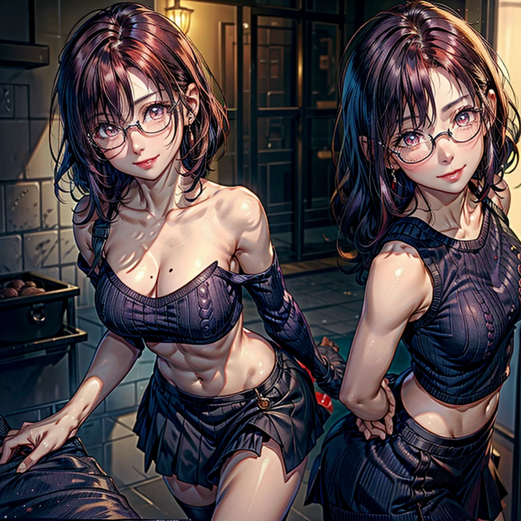1 woman, short hair, curly hair, (natural redhead), yellow eyes, round glasses, chest a little big, ((Purple loose sweater)), bare shoulders, (Strapless), smile, smile coqueta, smile picara, full blush, flushed, (Mole on lips), Mole on shoulders, black skirt, Entrance of a house, shine, simple background, standing, from above, High resolution, anatomically correct, Very detailed, textured skin, UHD, high quality, HD Model, (Whole body), warm environment, lightning.