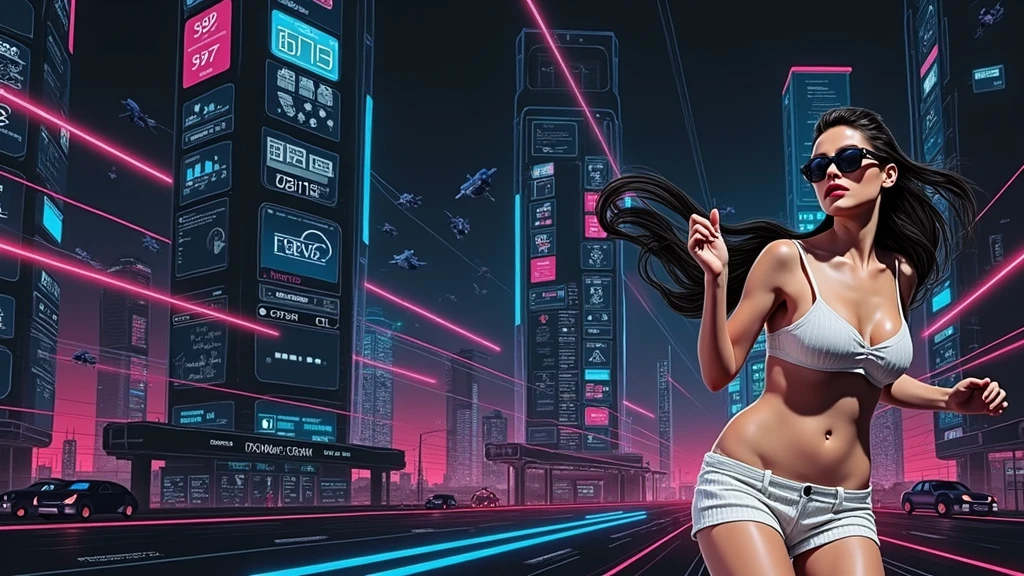 Futuristic cityscapes with colorful all-glass outlined towering skyscrapers with lightning, flying vehicle. High-resolution OLED GUI interfaces in the building, The windows are filled with transparent data visualization infographics that show it all, from weather patterns to traffic flow. Colors are saturated and vibrant. At night, (1girl, solo, alone), photorealistic, large-breast slim:0.6 body, oval:0.5 face, cleavage:1.1, very low angle view of pleated miniskirt, deep-v, (upskirt), glove, (Matrix style black micro sunglasses), dynamic running pose, (half-body thigh level close-up shot), cinematic lighting, ray tracing, motion blur background.
