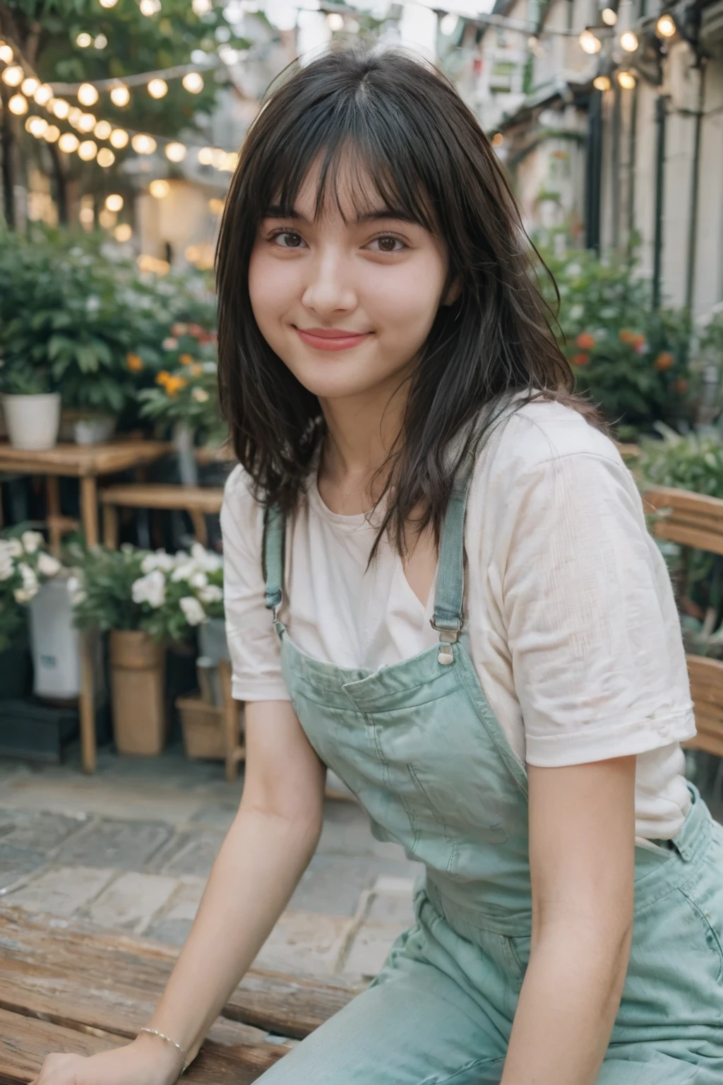 A high-resolution, wide angle shot, 4K portrait of a beautiful 20-year-old woman with a happy smile, detailed skin, and clear eyes. 
She has long, messy black hair with bangs and dark brown eyes with slight dark circles, looking at viewer. 
The image features natural, soft lighting with a low contrast and film grain effect. 
She has perfect shaped medium breast. 
She is dressed in Mint Green Overalls with Crop Top
Description: Mint green overalls with a white crop top underneath. The overalls are short with adjustable straps and cute embroidered patches, giving a youthful, playful vibe.
Accessories: Pair with white knee-high socks, white sneakers, colorful hair clips, and a backpack with cartoon patches.
Sitting in An outdoor cafe with small tables and chairs set on a cobblestone patio, surrounded by potted plants and string lights overhead. The cafe has a cozy, relaxed atmosphere with umbrellas providing shade and a view of a busy street or a garden. 
The composition emphasizes ultra-detail, sharp focus, and vivid colors, with HDR and UHD quality, capturing a whimsical and dreamy aesthetic with a bokeh background. Looking at viewer