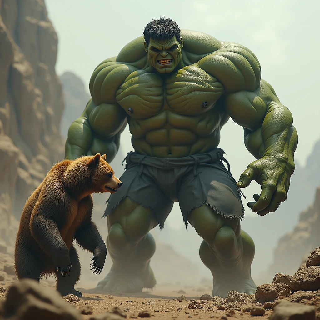 Realistic bear and  marvel hulk), detailed expressions of the bear, (imposing Marvel hulk), gritty deserted landscape, rocky terrain, muted earth tones, dramatic shadows, (highly detailed), cinematic atmosphere, wild and untamed vibe, lifelike textures, soft natural lighting, captivating and surreal composition, HD quality, powerful juxtaposition of eras.
