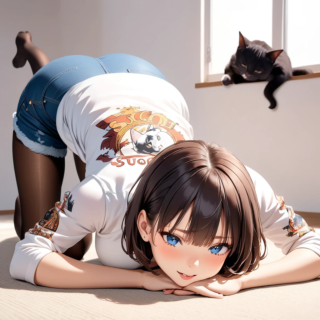 on all fours,doggystyle face-down butt-up,split leg forward bend,cat stretching pose, Hana Uzaki, short hair,shaved side, big breasts, raglan sleeve shirt, Rome print SUGOI DEKAI, denim shorts, pantyhose,