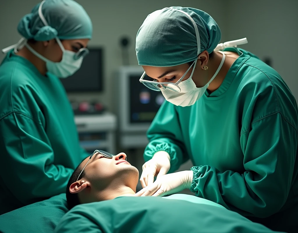 Aishwarya Rai as surgeon, wearing green scrubs, wearing mask and skull cap, wearing surgical glasses, squeezing male patient in her chest, in operation theatre, fullbody view, topdown view,