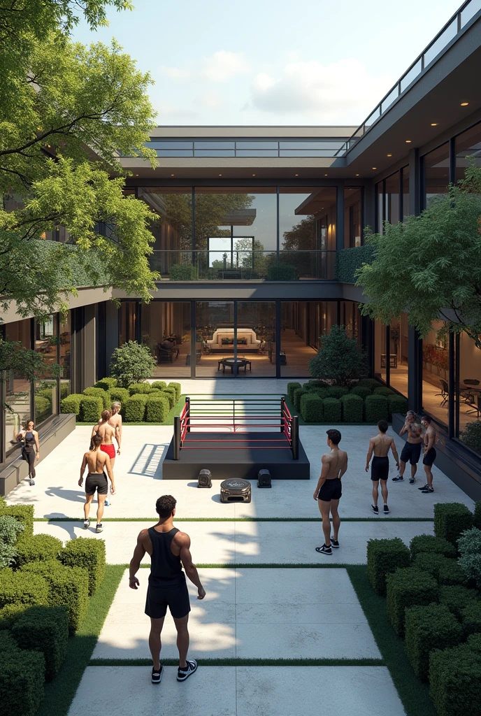 Gym with calisthenics bars, Dumbbells and a boxing ring in the courtyard of a modern mansion
