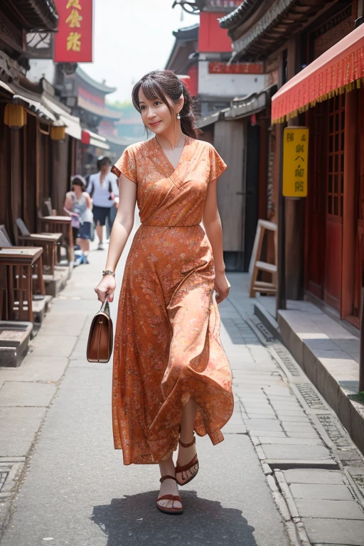 Highest quality, 8k resolution, masterpiece, Professional photography, A 40-year-old beauty with an idol-like face, Walking through China&#39;s mysterious towns, She is wearing a white one-piece swimsuit.., Middle photo, (((Look forward))), (((View your viewers))), Wrinkles around the eyes, Standing Elegantly, Slender and soft body, The most elegant and beautiful very long wavy hair, my chest is swollen, Perfect Makeup, Beautiful lipstick, Long eyelashes, Ultra-high resolution glossy skin