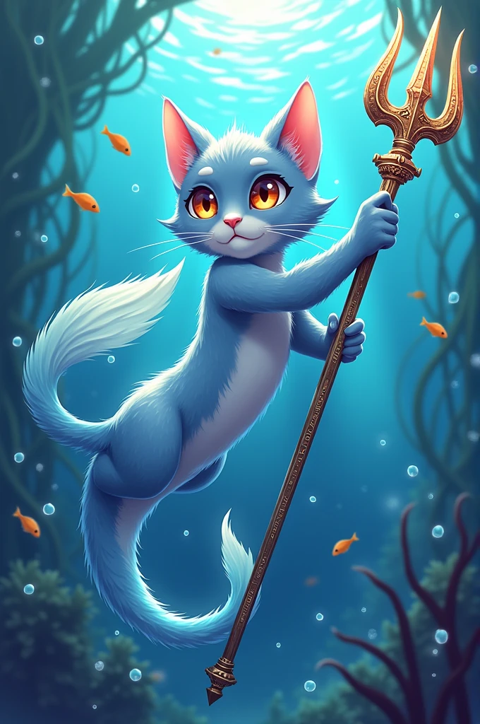 Russian blue mermaid cat with a trident in anime
