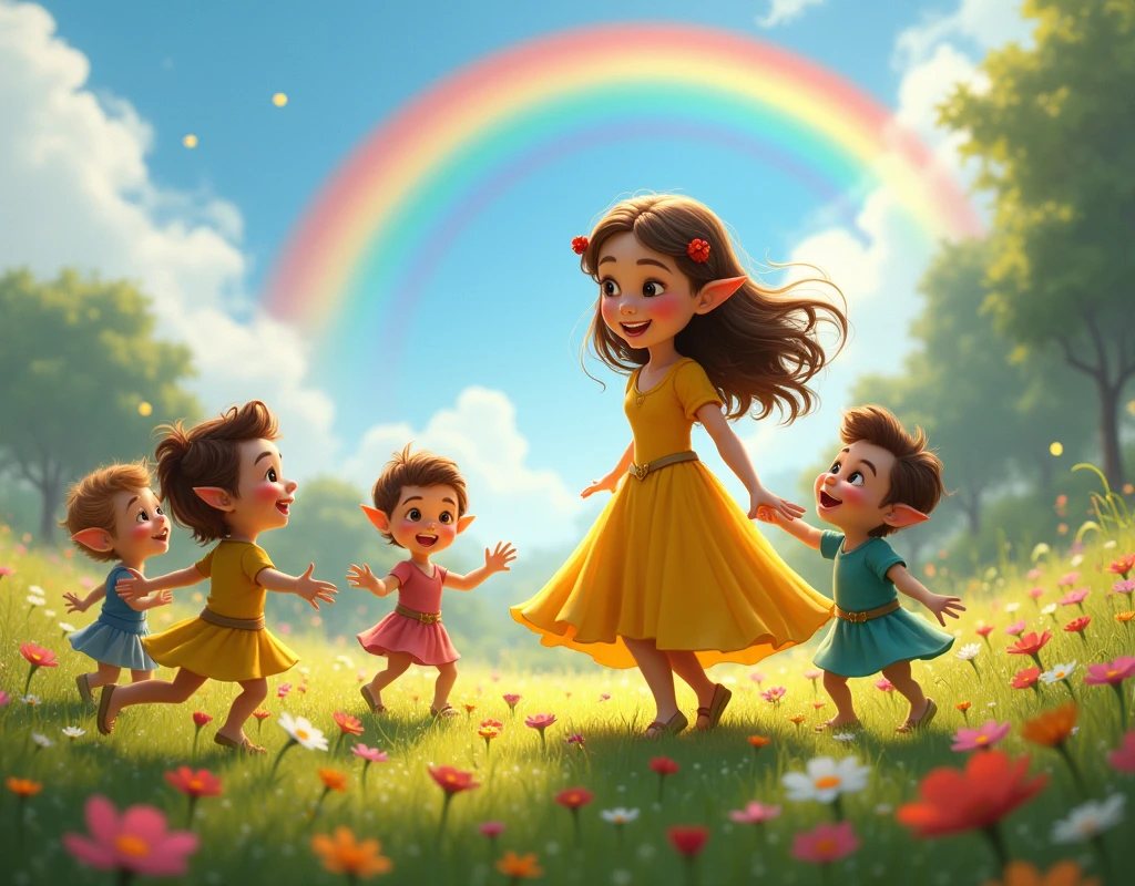 Photorealistic of a meadow with flowers and cheerful little elves dancing around a little princess girl dressed in yellow with brown hair and curlers, Behind you can see a big rainbow